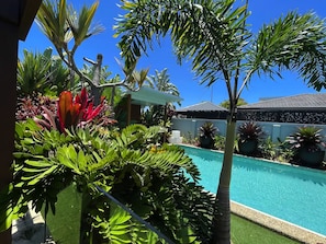 Relax by the serene pool surrounded by lush tropical plants and palm trees.