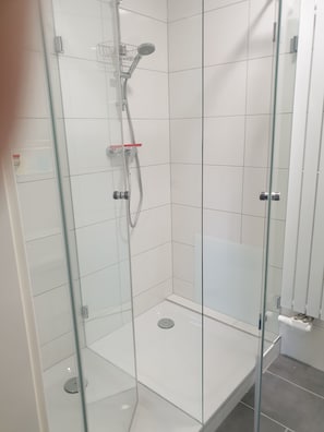 Douche, sèche-cheveux, serviettes fournies, savon