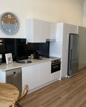 Fridge, microwave, dishwasher