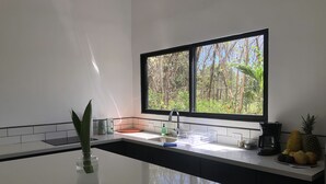 Een moderne keuken met een groot raam, een spoelbak, een koffiezetapparaat en een schaal fruit.