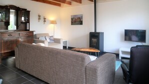 A living room with a sofa, a TV, a fireplace, and a wooden ceiling.