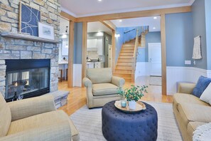 TV connectée, cheminée, lecteur de DVD, livres