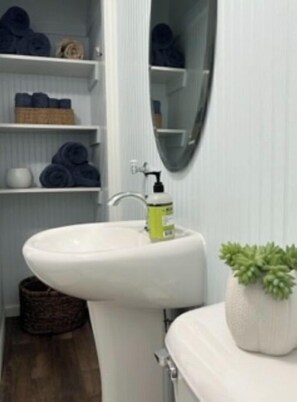 Hair dryer, towels, soap, shampoo