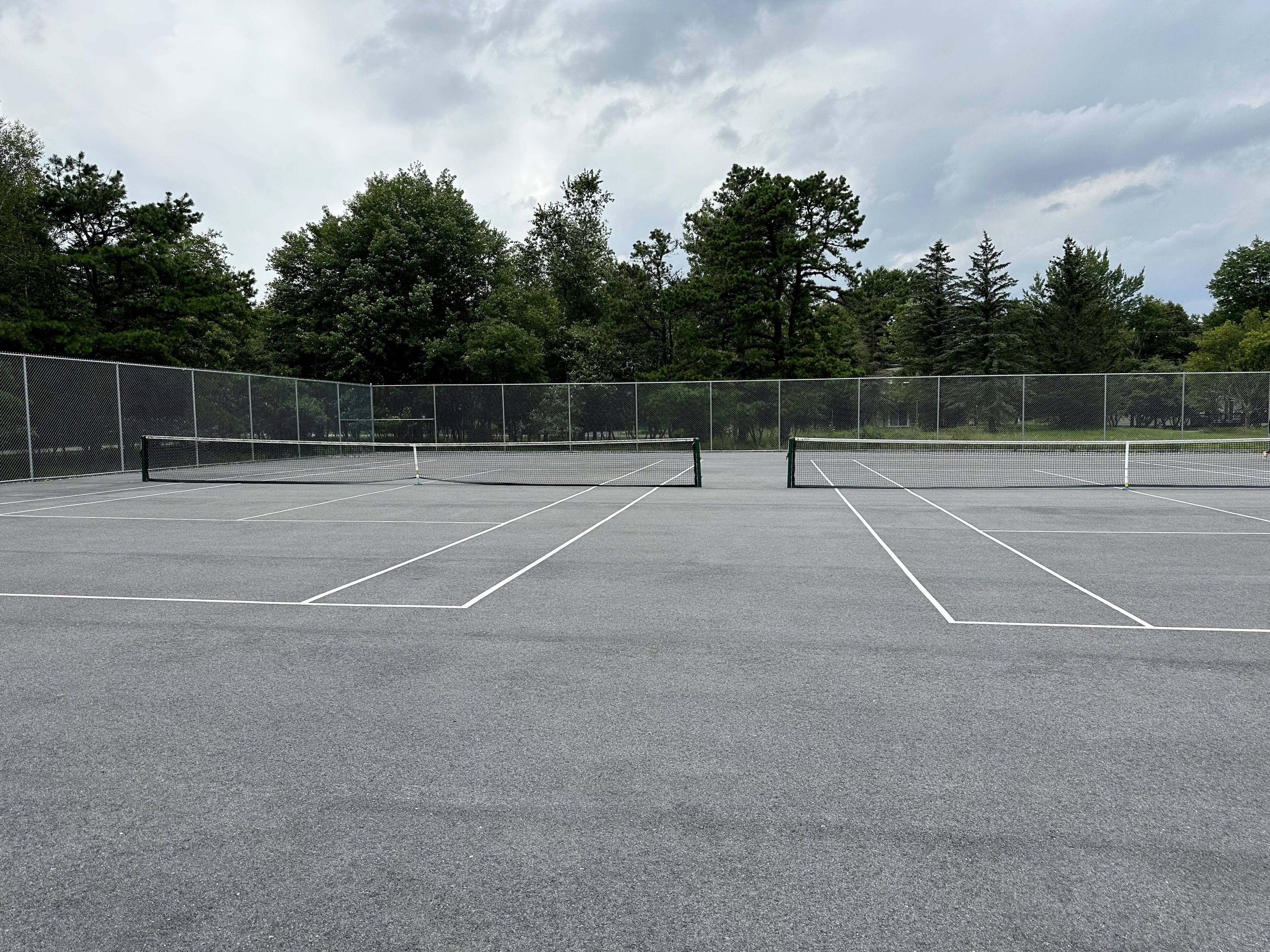 Un campo da tennis con una rete, circondato da una recinzione e alberi.