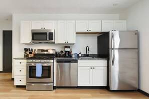 Fridge, microwave, oven, stovetop