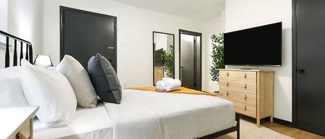 1 bedroom, premium bedding, memory foam beds, desk