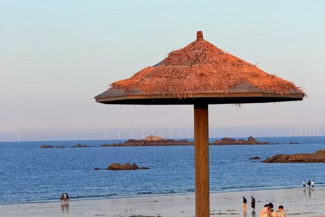 A beach umbrella with a thatched roof, a wooden post, and a view of the sea with rocks and wind turbines in the distance.