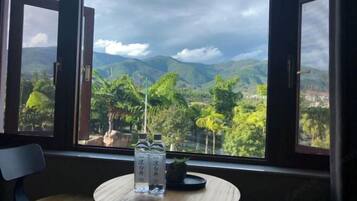 Quarto com vista para montanhas e vegetação, mesa de madeira redonda com duas garrafas e uma pequena planta.