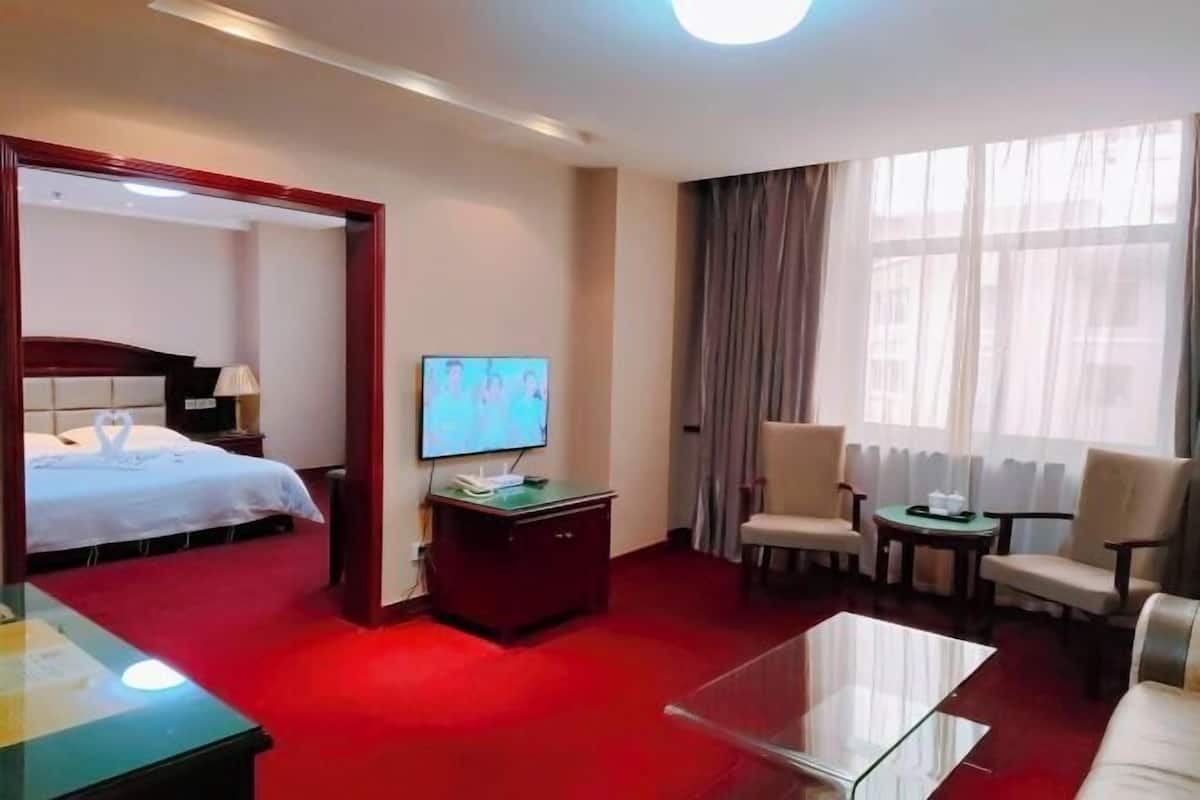 A hotel room with a bed, a TV, a desk, a chair, and a sofa.