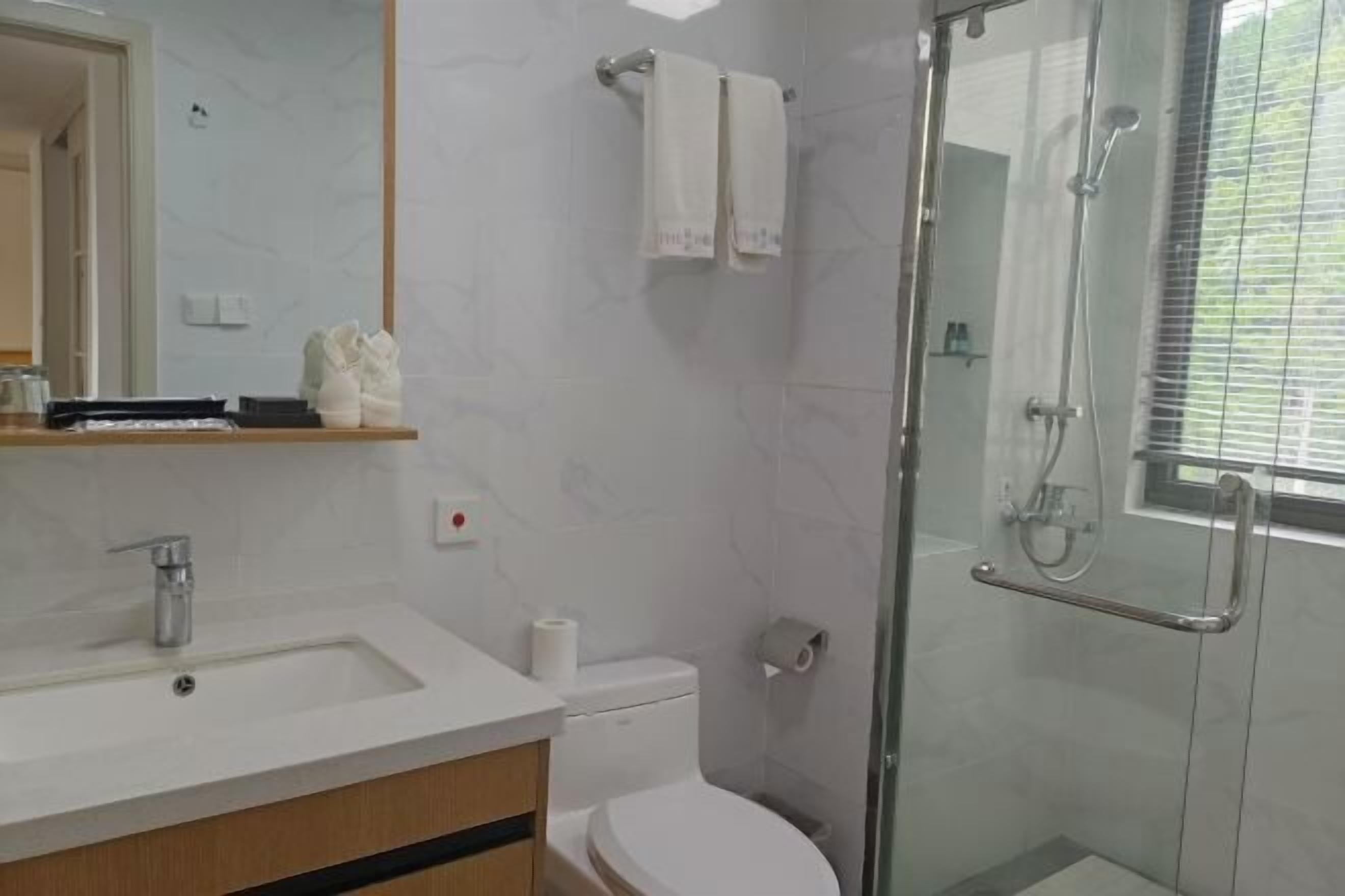 A modern bathroom with a glass shower enclosure, a white sink, and a toilet.