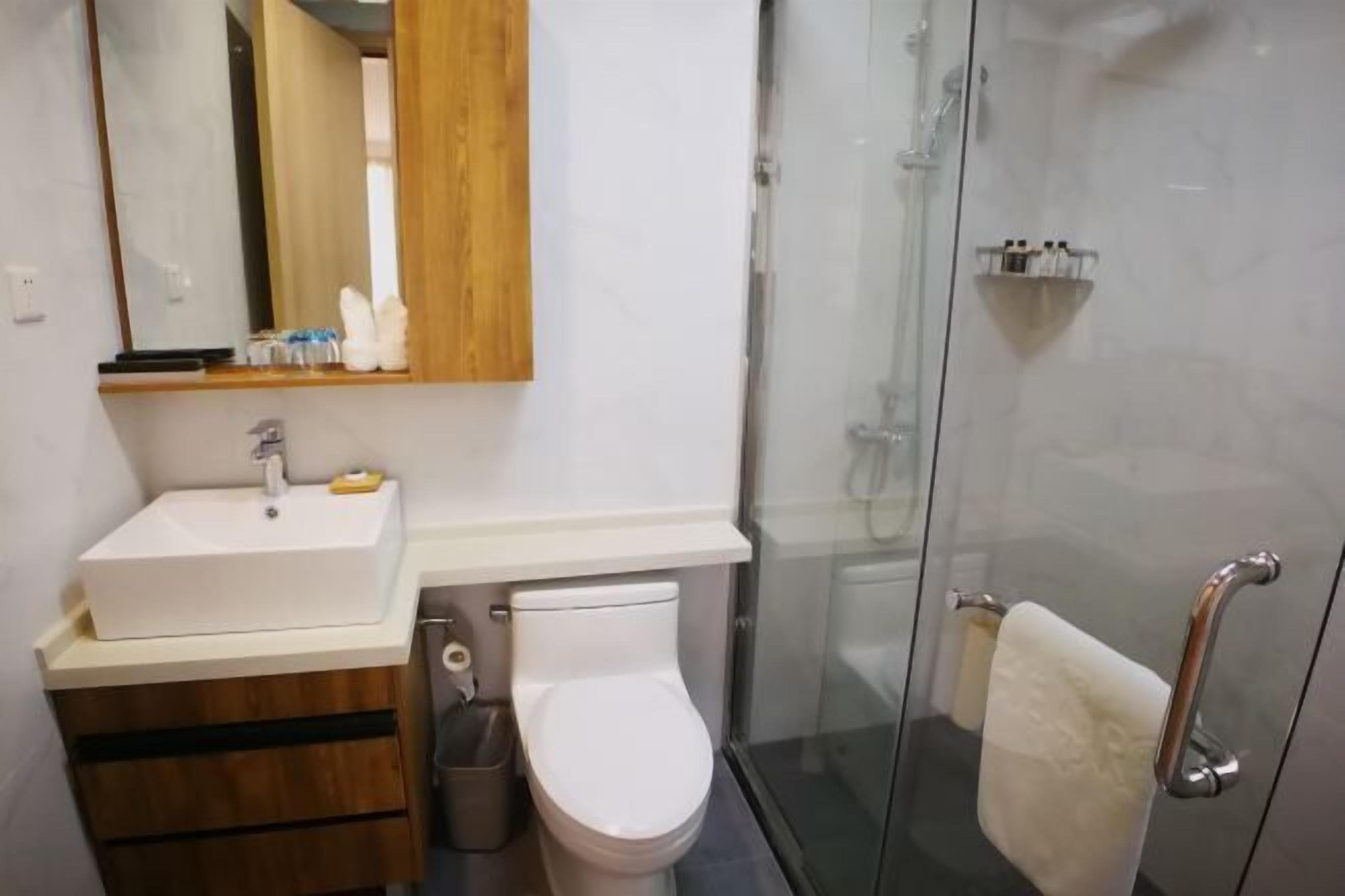 A modern bathroom with a white sink, a toilet, and a glass shower enclosure.