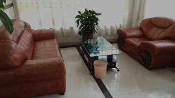 A living room with a brown leather sofa, a glass coffee table, and a potted plant.