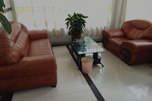 A living room with a brown leather sofa, a glass coffee table, and a potted plant. - Shuangfeng Century Hotel (Shuangfeng)