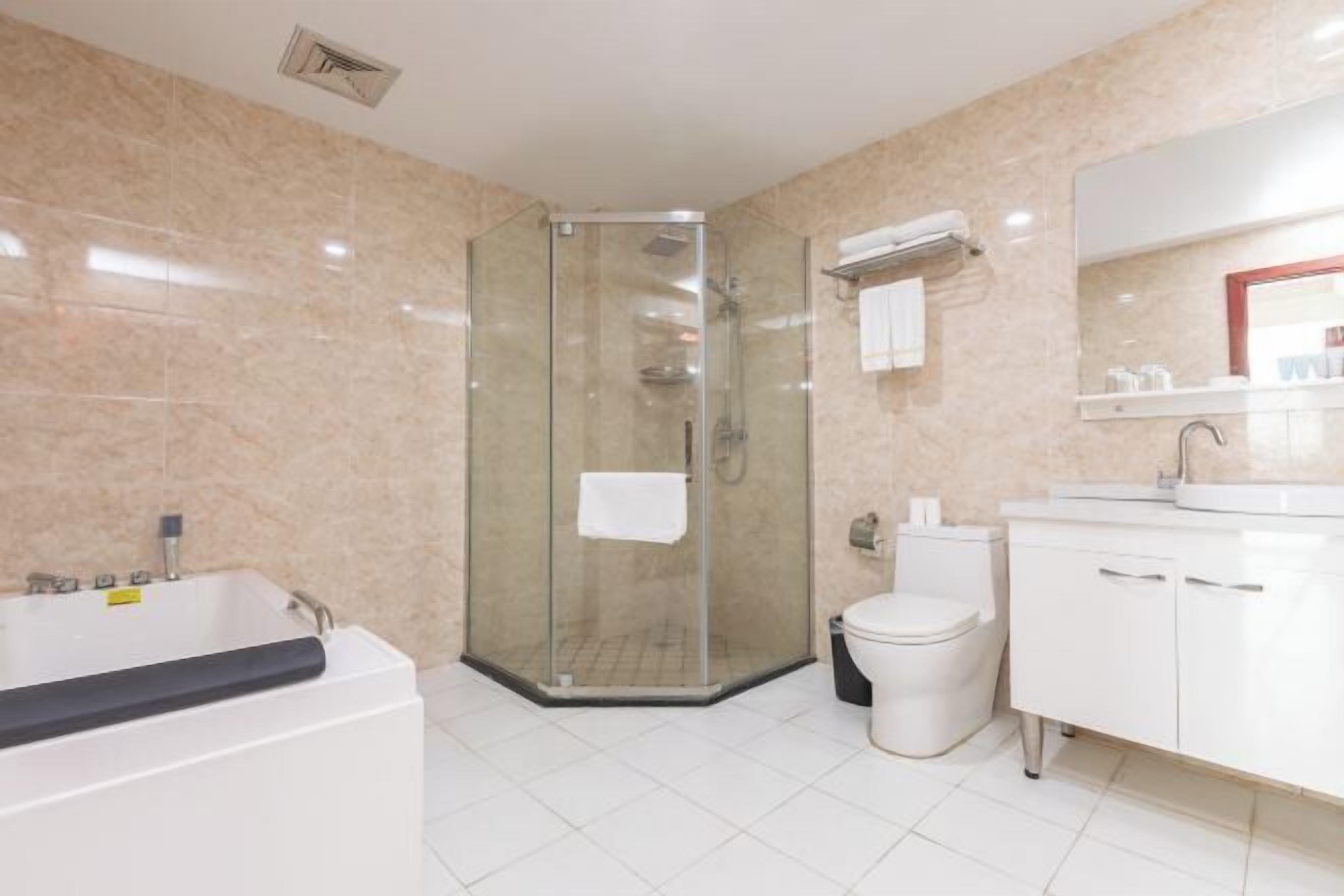 A modern bathroom with a glass-enclosed shower, a white bathtub, a toilet, and a vanity with a mirror.