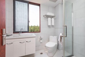 Une salle de bain moderne équipée de toilettes, d’un lavabo et d’une douche.