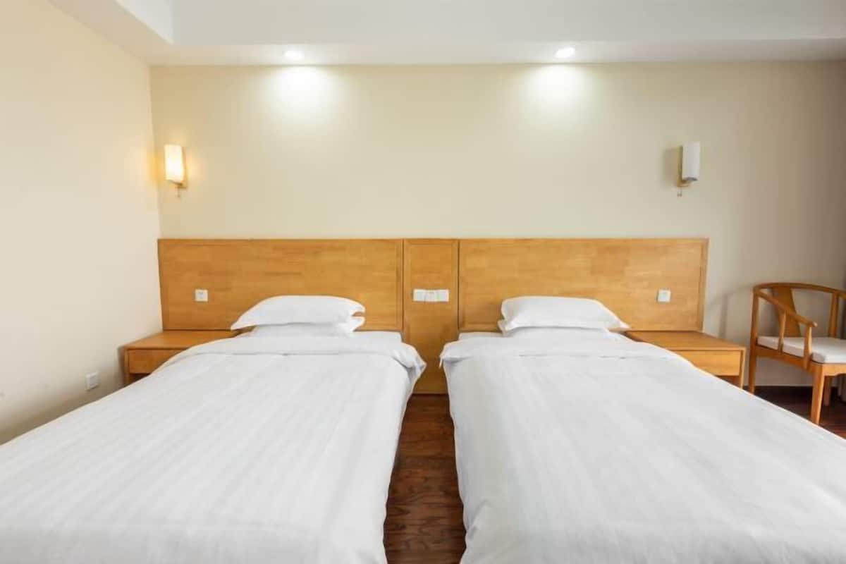 Habitación de hotel con dos camas individuales, cabeceros de madera y una silla de madera.