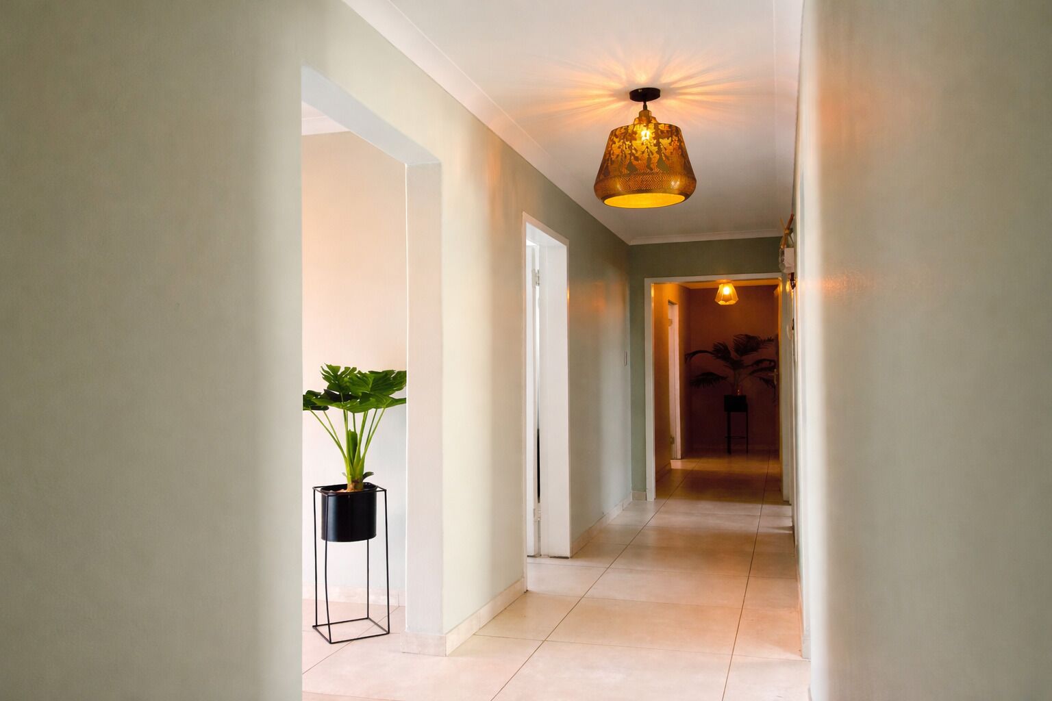 Un pasillo con una planta en maceta, un lámpara colgante y una puerta que da a otra habitación.
