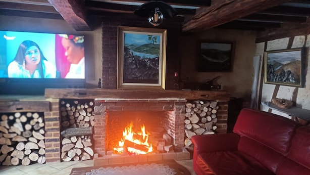 Un salon chaleureux avec une cheminée, un canapé rouge, un téléviseur et un tableau représentant un paysage, encadré.