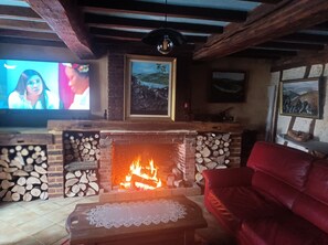 Een gezellige woonkamer met een open haard, een rode bank, een televisie en een lijst met een landschap.
