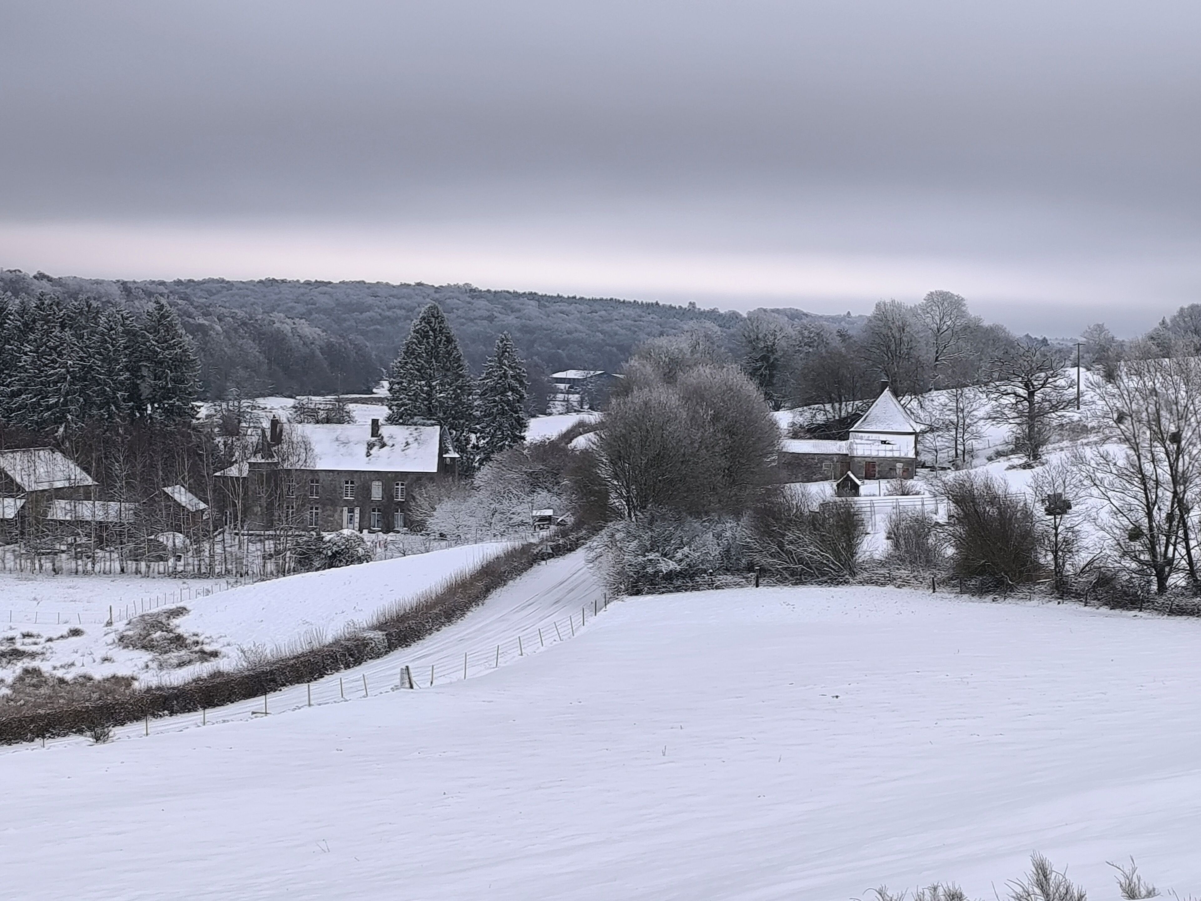 A snow-covered landscape with buildings and trees.