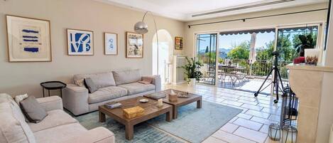 TV, fireplace, books