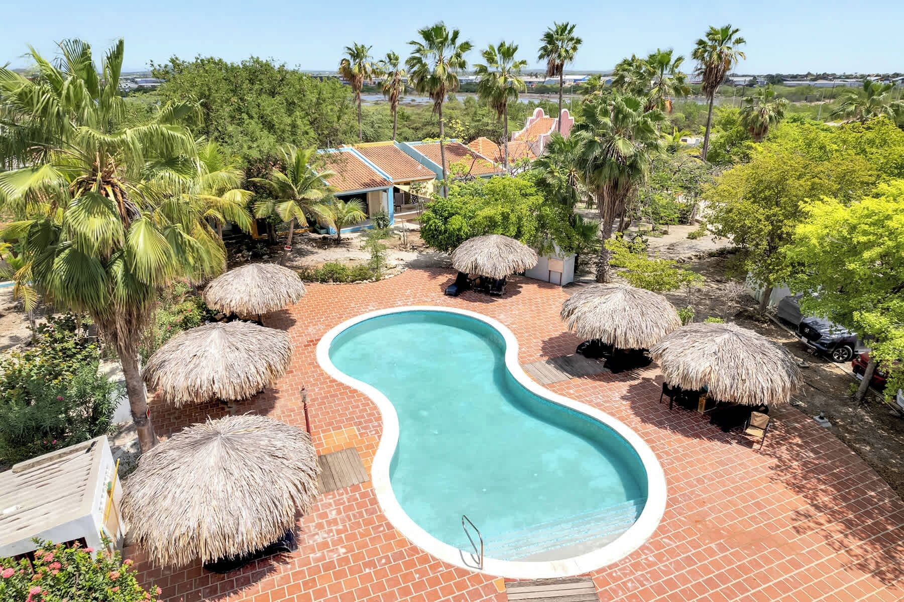 A swimming pool with a unique shape surrounded by thatched umbrellas, palm trees, and a view of a coastal area.