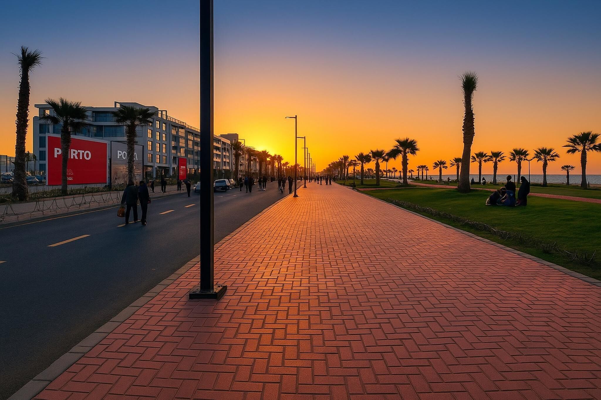 A sunset view of a city street with palm trees, a brick sidewalk, and a building with large red signs.