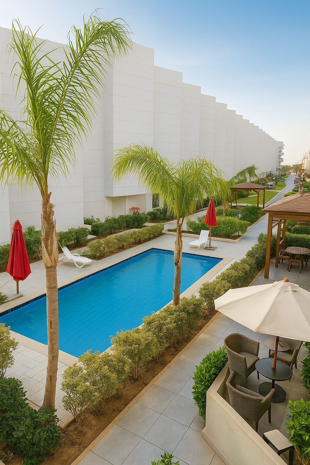 A pool area with a clear blue pool, surrounded by palm trees and greenery, with lounge chairs and umbrellas.