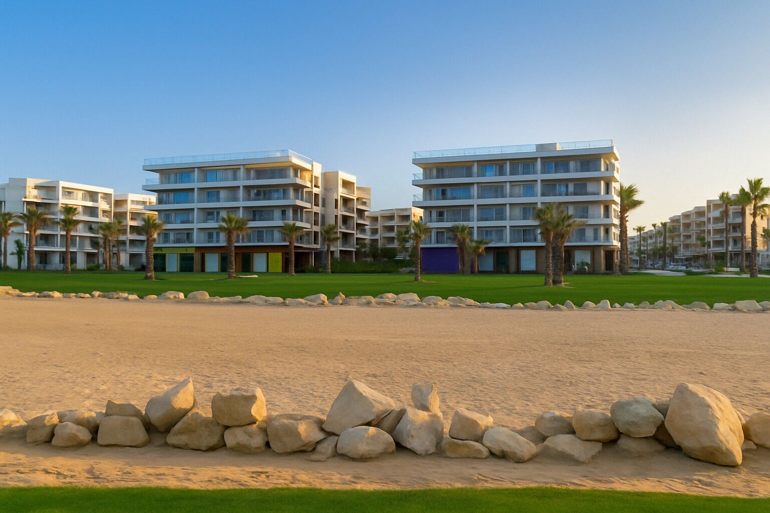 A beachfront hotel with multiple-story buildings, a sandy beach in the foreground, and palm trees.