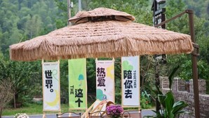 A thatched-roof pavilion with banners displaying text in a foreign language. - Ningguo Julongwan Farmstay (Ningguo)