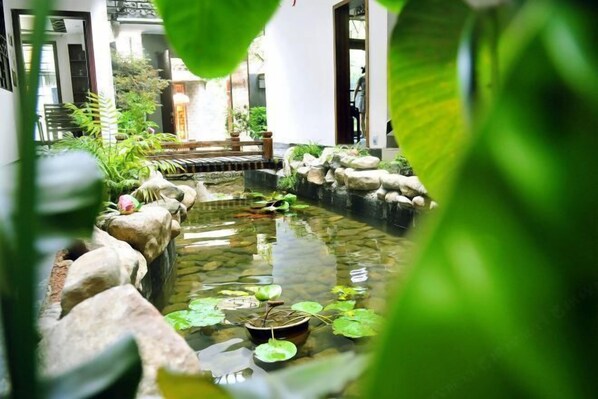 A tranquil indoor pond with rocks and lily pads, surrounded by lush greenery and a wooden bench. - Zhen'Gan Club (Fenghuang County)
