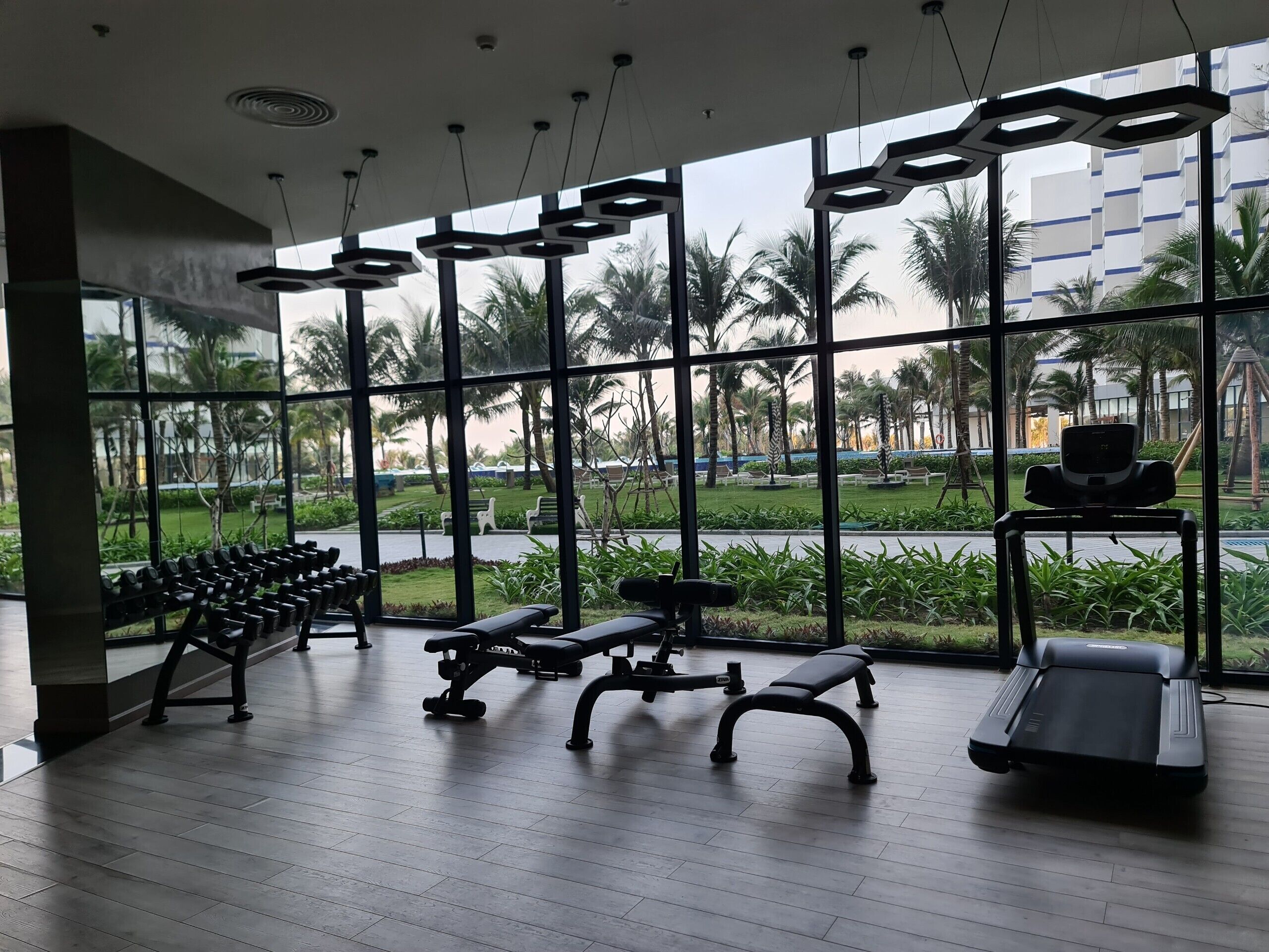 Een sportschool met trainingsapparatuur, grote ramen en uitzicht op palmbomen en gebouwen.