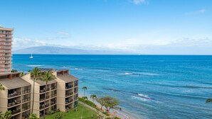 A beachfront hotel with multiple floors, a pool area, and a view of the ocean.
