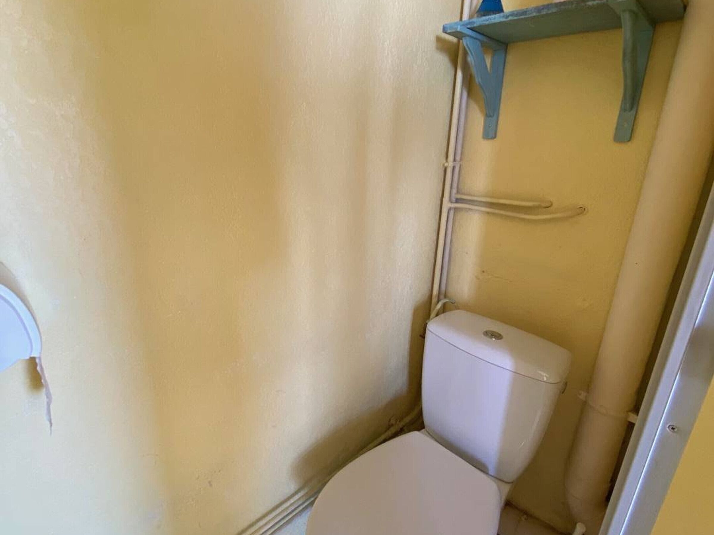 A small, narrow bathroom with a white toilet, a blue shelf above it, and a white wall.