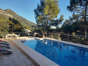 Ein Pool mit Blick auf einen Berg und Bäume.