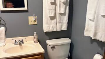 Ein Badezimmer mit Waschbecken, Spiegel, Handtuchhalter, Toilette und Toilettenpapier.