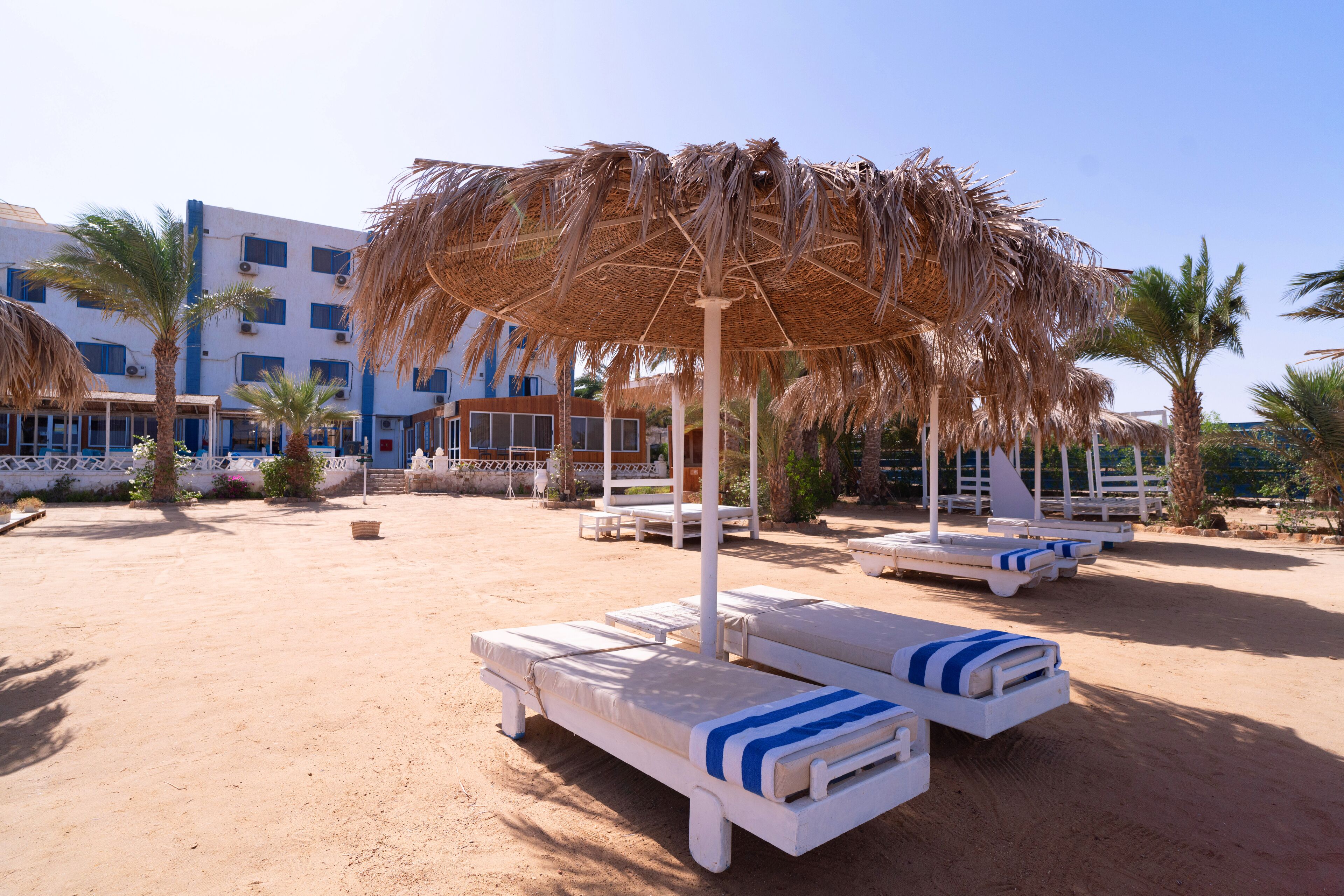 Zona de playa con tumbonas y sombrillas de paja, una playa arenosa y un edificio con varias ventanas y unidades de aire acondicionado.