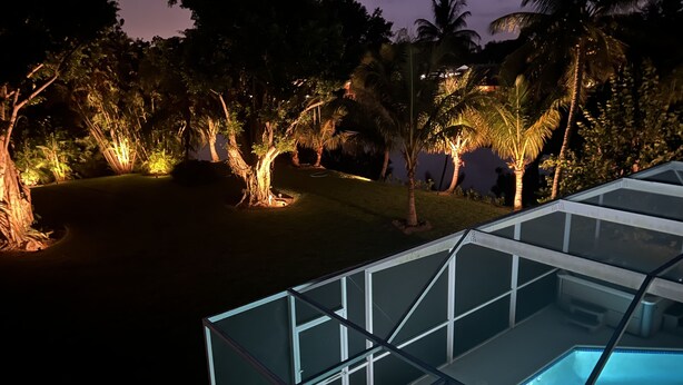 Un área de piscina exterior moderna con barandas de cristal, rodeada de palmeras e iluminada por una luz ambiental.