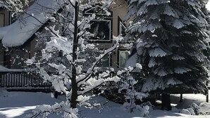 Un paysage enneigé avec une maison, des arbres couverts de neige et un ciel dégagé.