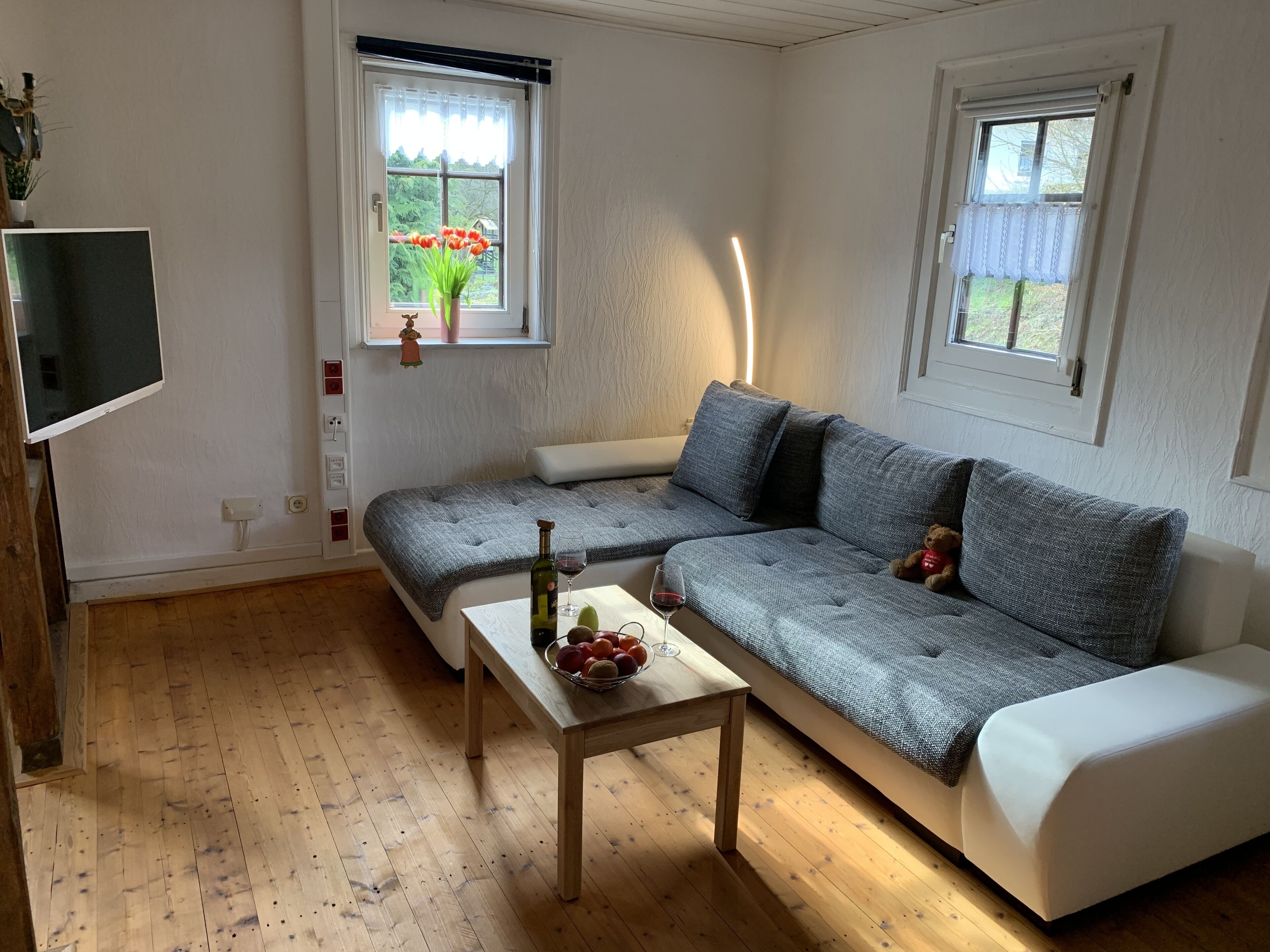 En hyggelig stue med en grå sofa, et træsofabord med frugt og en flaske, og et fjernsyn på væggen.