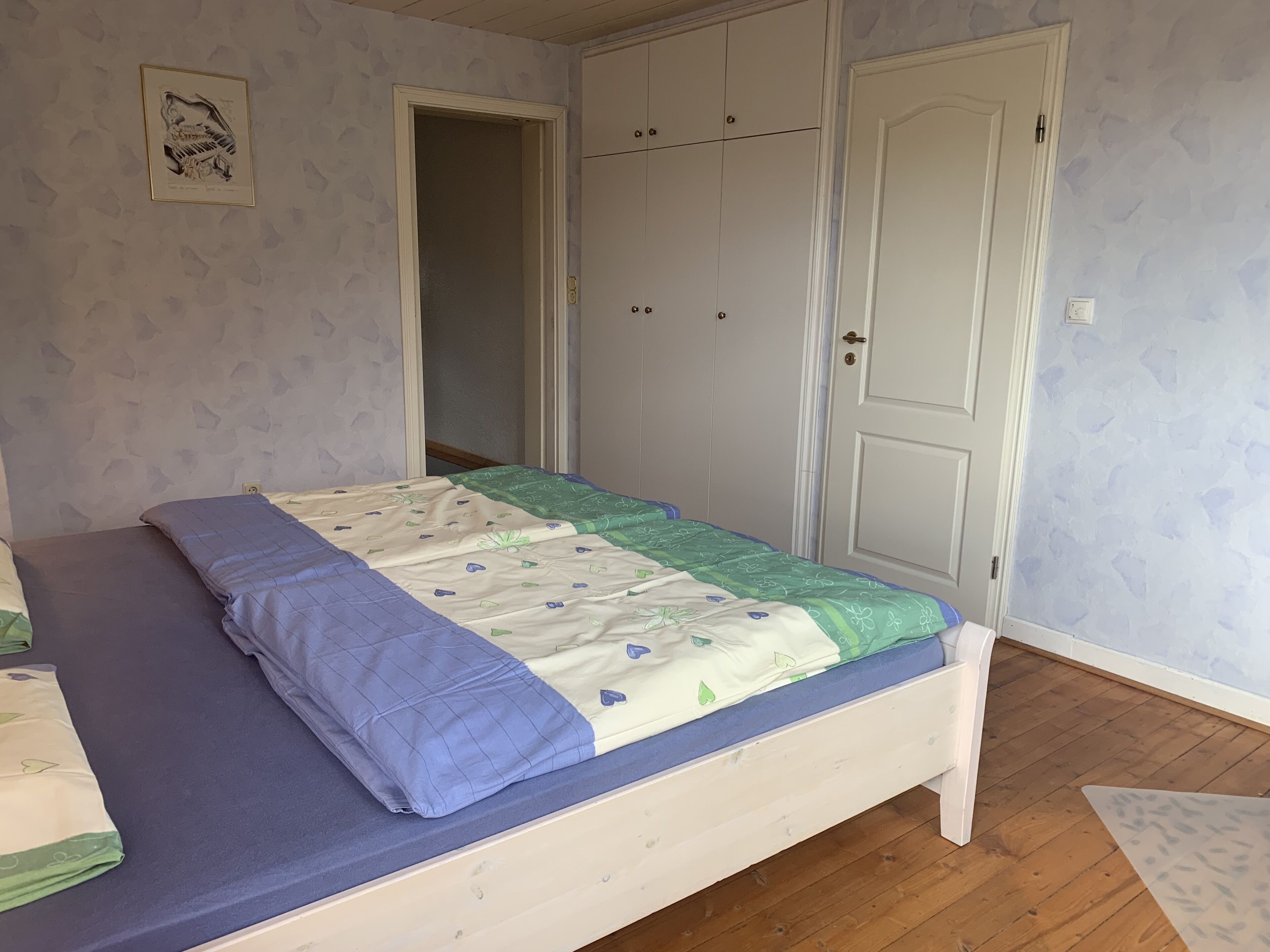 Un dormitorio con cama, armario y puerta.