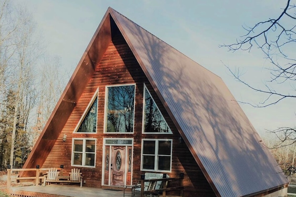 Angled view of the front and side of the house