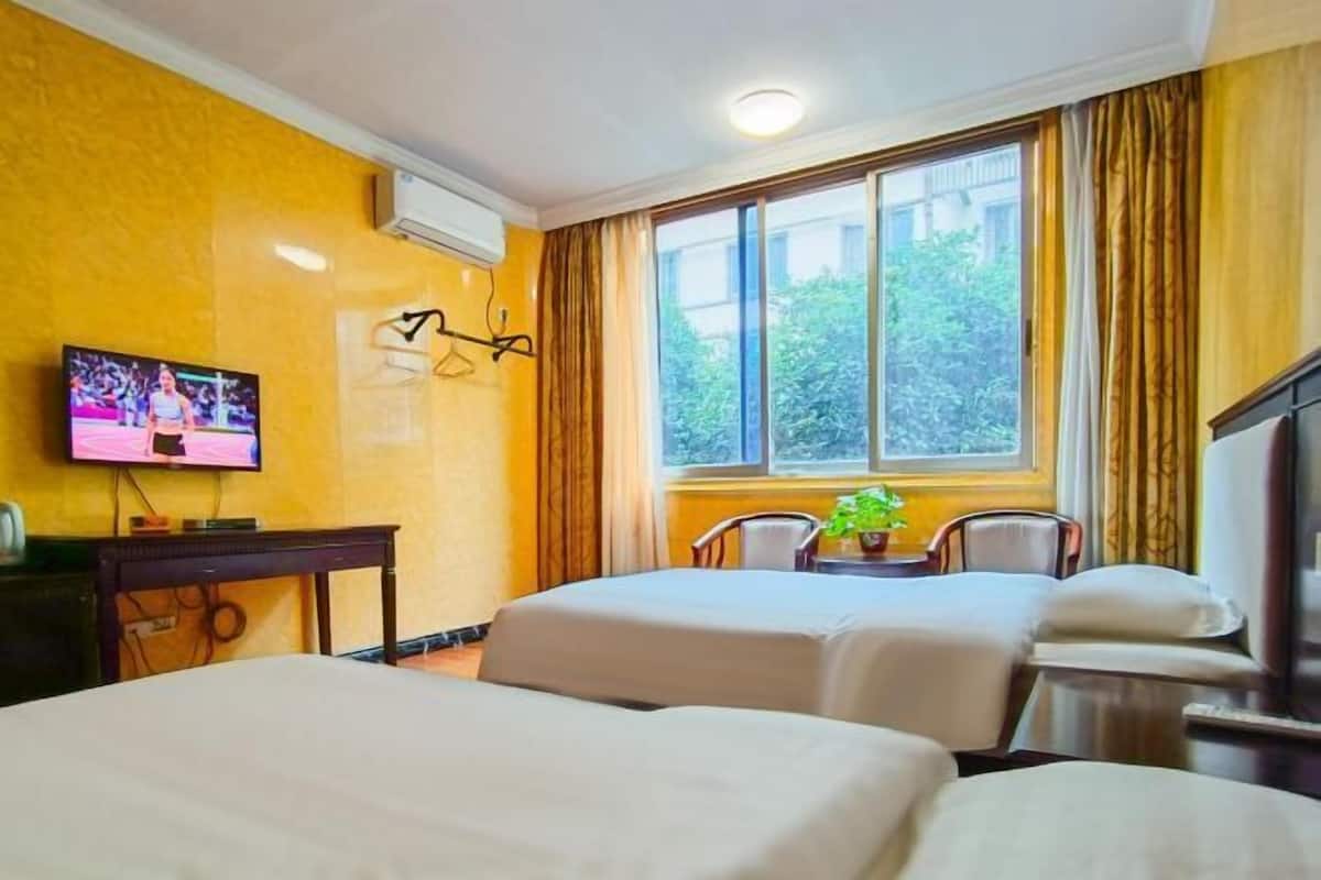 A hotel room with two beds, a TV, a window with curtains, and a small table with a plant.