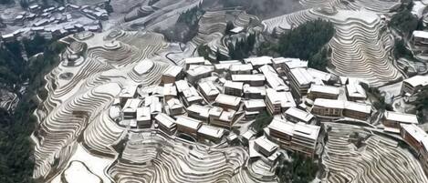 A terraced village with traditional buildings.