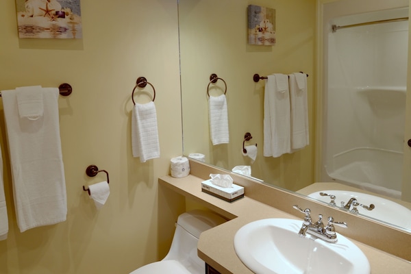 Ensemble baignoire-douche, articles de toilette (gratuits)