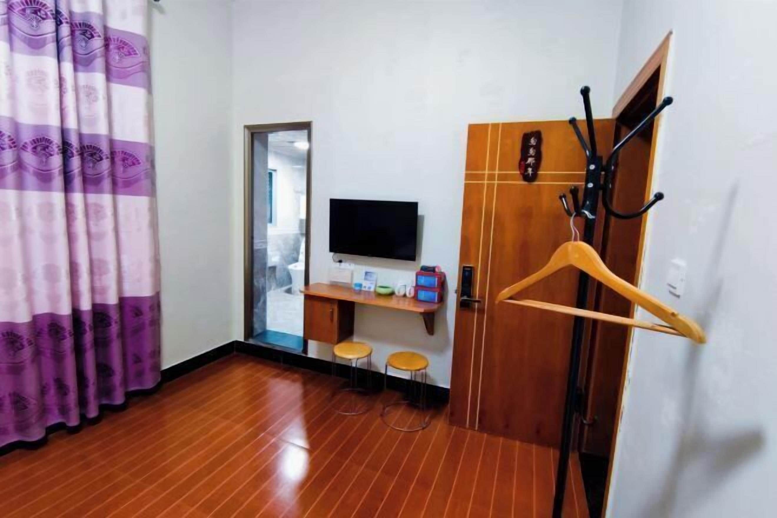 Una habitación con piso de madera, un televisor sobre un mueble bajo, un perchero y una puerta con panel de madera.