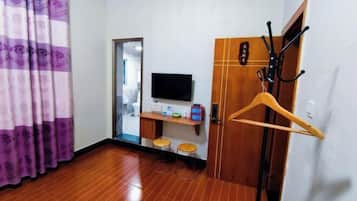 Una habitación con piso de madera, un televisor sobre un mueble bajo, un perchero y una puerta con panel de madera.