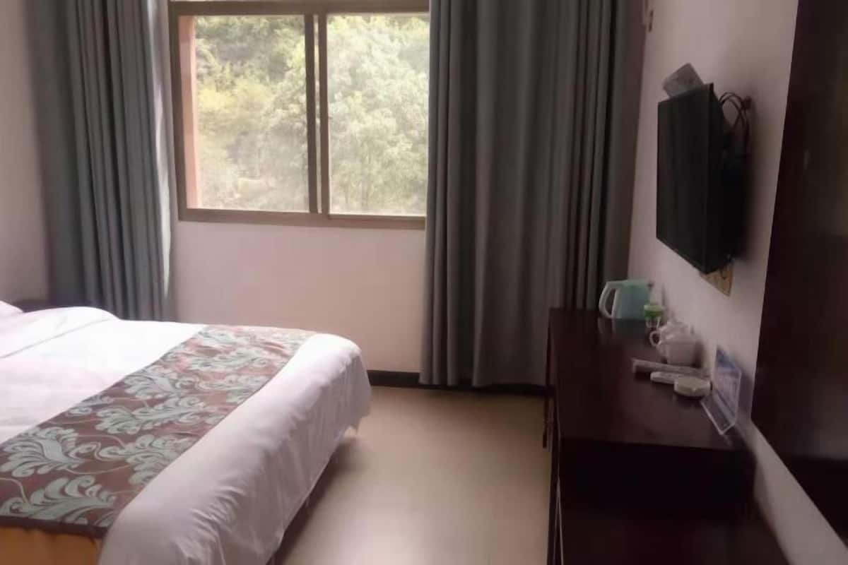 A hotel room with a bed, a desk, a television, and a window with curtains.
