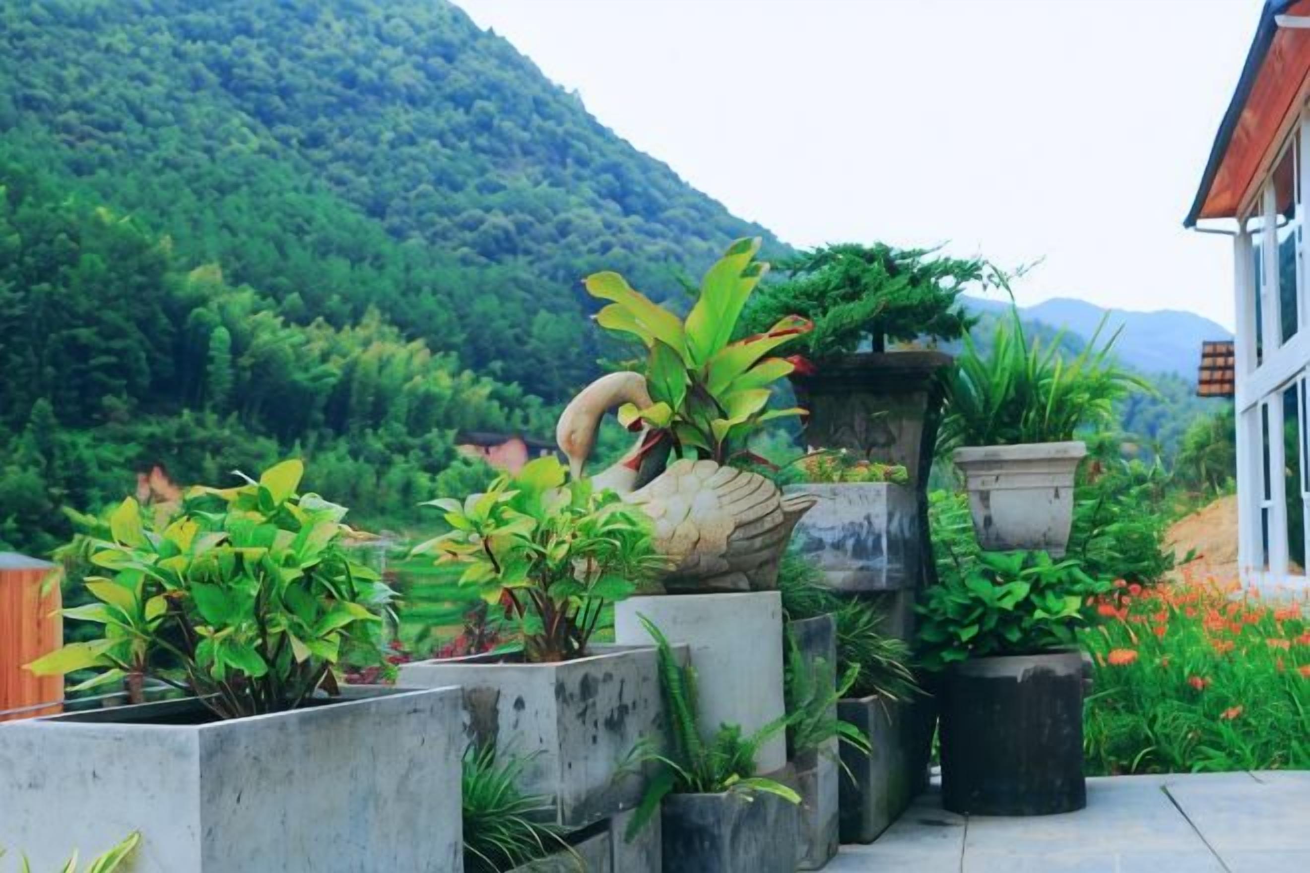 A garden with potted plants and a decorative swan statue.