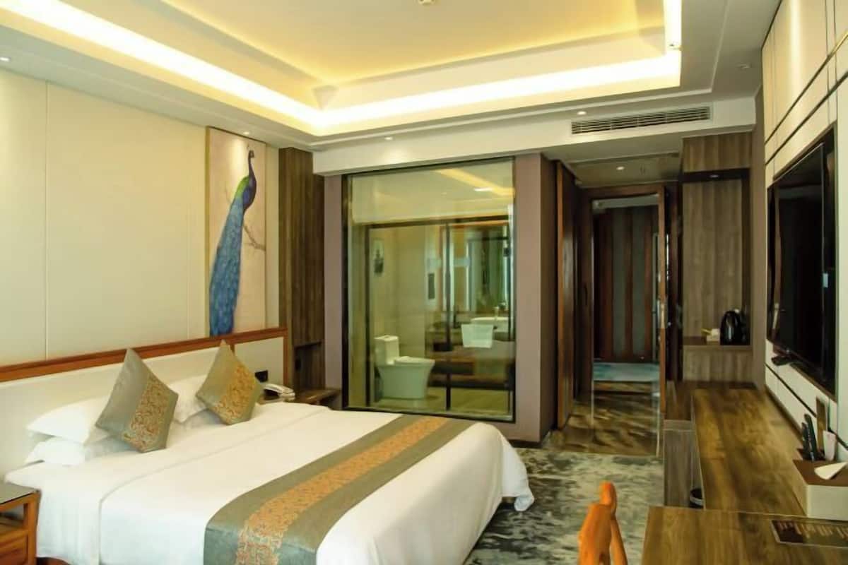 Habitación de hotel con una cama grande, televisión, puerta de vidrio que da a un baño y suelo de madera.